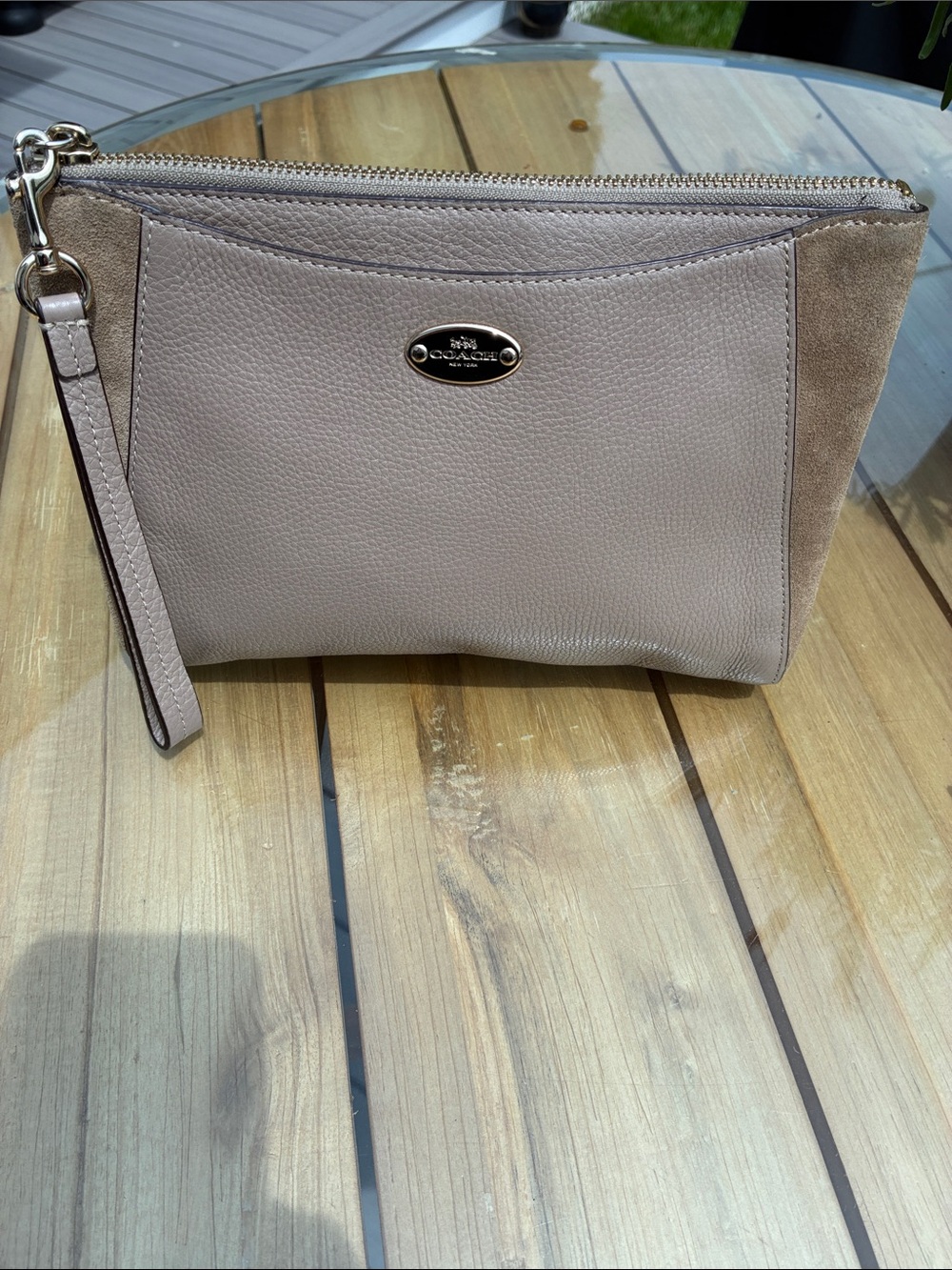 Coach Taupe Suede & Leather Wristlet Clutch